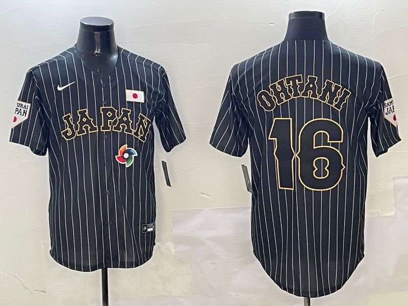 Men 2025 World Cub Japan #16 Ohtani Black Stripe Nike MLB Jersey style 2